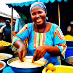 A cheerful female street food vendor, fully clothed in modest, vibrant African print attire, serves a steaming bowl of 'Caldo de Mancarra' at a bustling stall in Bissau's Bandim market. Her well-formed hands are visible as she gestures to the fresh ingredients displayed behind her. The background features colorful stacks of tropical fruits, sacks of spices, and glimpses of other marketgoers. The scene is bright and lively, emphasizing authenticity and local culture. Perfect anatomy, correct proportions, natural pose, professional photography, high quality, safe for work, appropriate content, family-friendly.