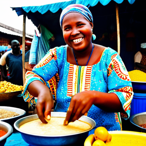 A cheerful female street food vendor, fully clothed in modest, vibrant African print attire, serves a steaming bowl of 'Caldo de Mancarra' at a bustling stall in Bissau's Bandim market. Her well-formed hands are visible as she gestures to the fresh ingredients displayed behind her. The background features colorful stacks of tropical fruits, sacks of spices, and glimpses of other marketgoers. The scene is bright and lively, emphasizing authenticity and local culture. Perfect anatomy, correct proportions, natural pose, professional photography, high quality, safe for work, appropriate content, family-friendly.