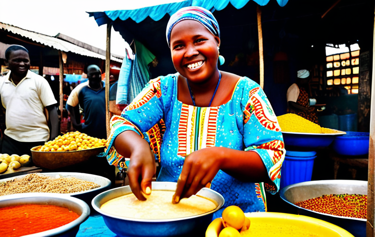 A cheerful female street food vendor, fully clothed in modest, vibrant African print attire, serves a steaming bowl of 'Caldo de Mancarra' at a bustling stall in Bissau's Bandim market. Her well-formed hands are visible as she gestures to the fresh ingredients displayed behind her. The background features colorful stacks of tropical fruits, sacks of spices, and glimpses of other marketgoers. The scene is bright and lively, emphasizing authenticity and local culture. Perfect anatomy, correct proportions, natural pose, professional photography, high quality, safe for work, appropriate content, family-friendly.
