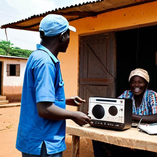 **Image Prompt:** A community radio station in a rural village in Guinea-Bissau.  Fully clothed volunteers are broadcasting news in a local language. Modest building, radio antenna, appropriate attire, safe for work, professional photography, perfect anatomy, correct proportions, natural pose, family-friendly.