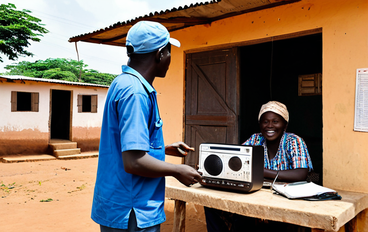 **Image Prompt:** A community radio station in a rural village in Guinea-Bissau.  Fully clothed volunteers are broadcasting news in a local language. Modest building, radio antenna, appropriate attire, safe for work, professional photography, perfect anatomy, correct proportions, natural pose, family-friendly.