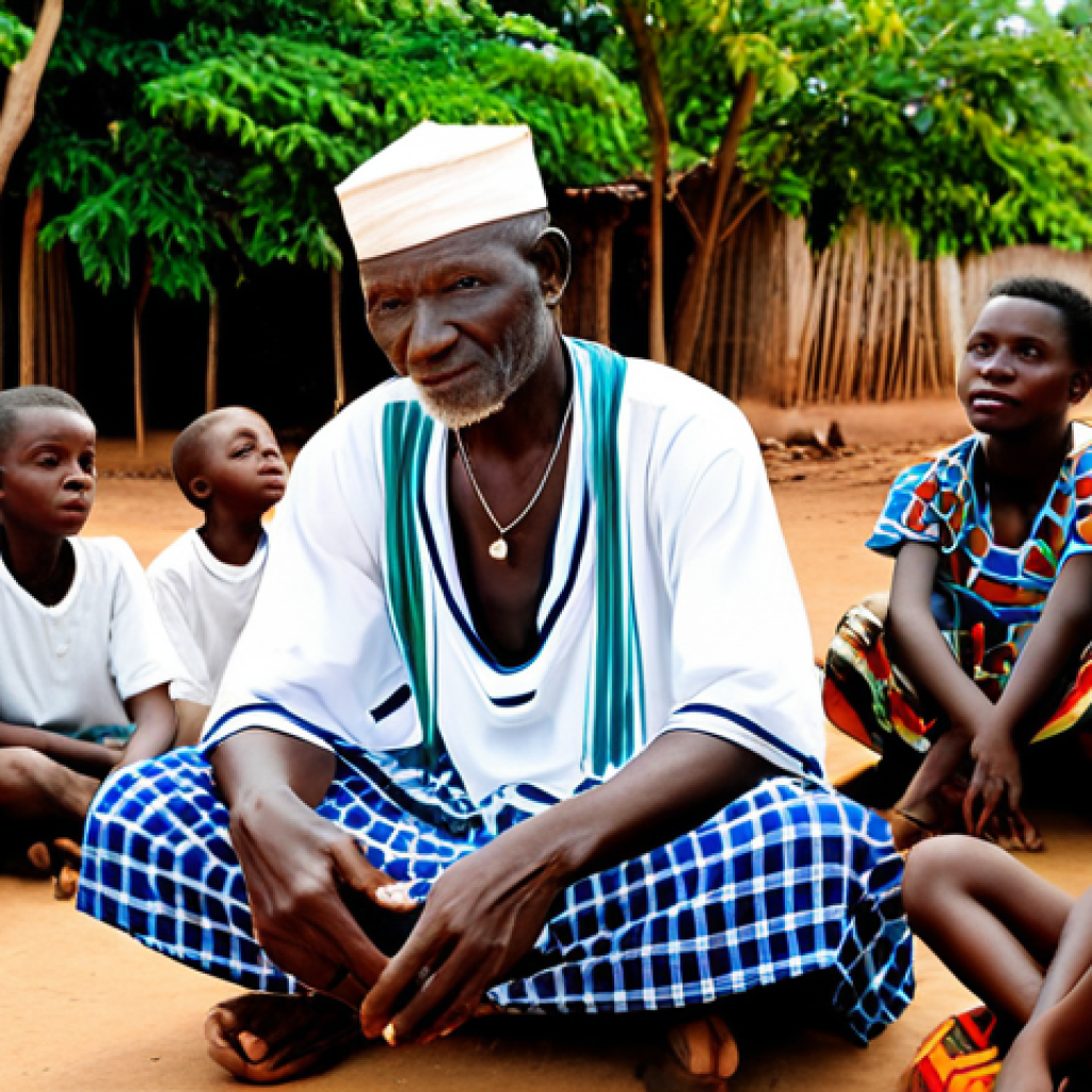 기니비사우의 신화와 전설 이야기 - Griot Storytelling**

"A wise, elder griot, fully clothed in traditional Bissau-Guinean attire, sits...