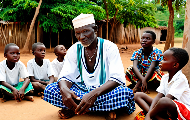 기니비사우의 신화와 전설 이야기 - Griot Storytelling**

"A wise, elder griot, fully clothed in traditional Bissau-Guinean attire, sits...