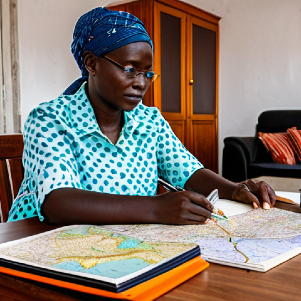 기니비사우에서의 여성 여행자 안전 수칙 - Planning the Trip**
"A woman with a travel journal and maps spread on a table, researching Guinea-B...