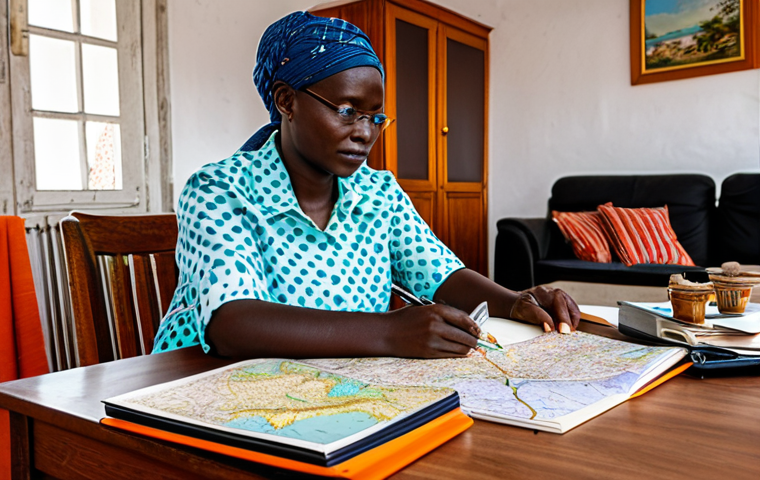 기니비사우에서의 여성 여행자 안전 수칙 - Planning the Trip**

"A woman with a travel journal and maps spread on a table, researching Guinea-B...