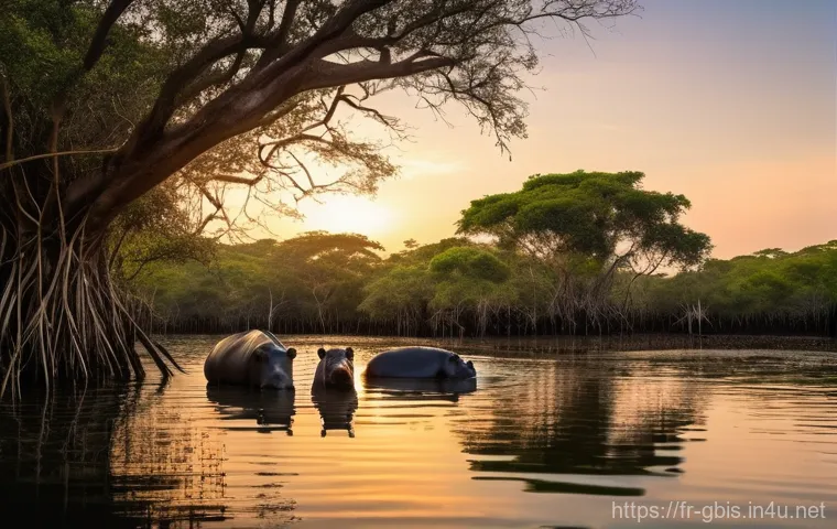 기니비사우에서 방문하기 좋은 섬 여행지 - **Orango National Park: Saltwater Hippos in Mangrove Habitat**
    A breathtaking wide-angle shot of...