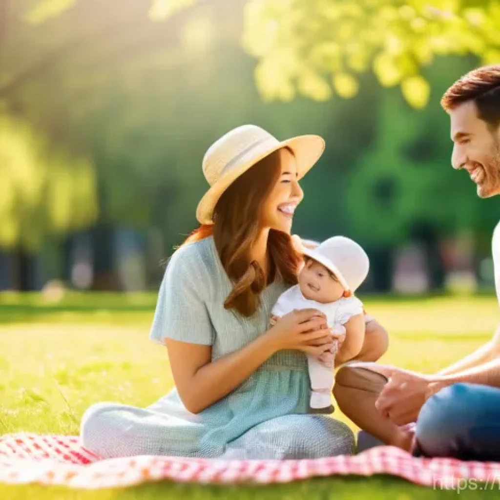 기니비사우 기후와 여행 적기 - A warm, soft-focus shot of a young family enjoying a picnic in a sun-drenched park. The mother and f...