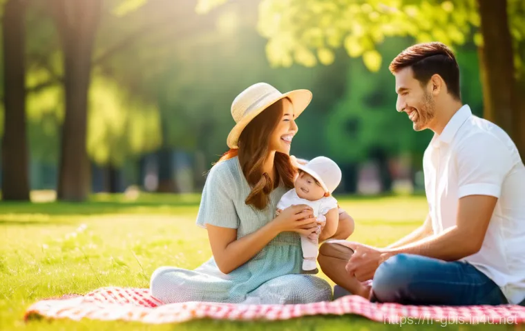 기니비사우 기후와 여행 적기 - A warm, soft-focus shot of a young family enjoying a picnic in a sun-drenched park. The mother and f...