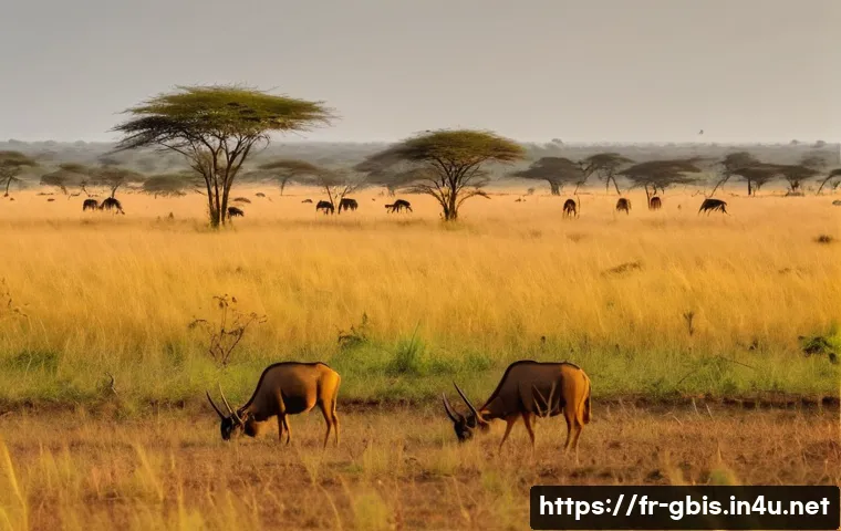 기니비사우의 가장 아름다운 자연경관 - A vast golden savanna landscape in Guinea-Bissau during the dry season, featuring gently rolling gra...
