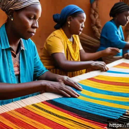 기니비사우의 전통 의상과 패션 트렌드 - A vibrant scene inside a traditional weaving workshop in Guinea-Bissau, showing skilled artisans at ...