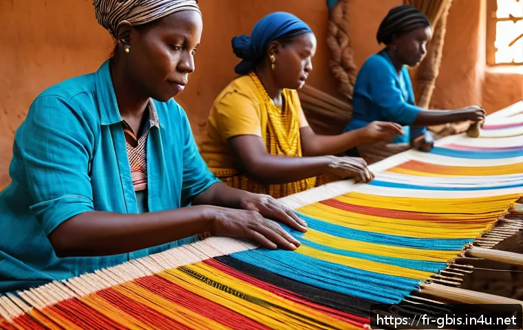 기니비사우의 전통 의상과 패션 트렌드 - A vibrant scene inside a traditional weaving workshop in Guinea-Bissau, showing skilled artisans at ...