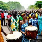 기니비사우에서의 명절과 공휴일 - Photorealistic Independence Day celebration in Bissau, Guinea-Bissau, wide street-level composition ...