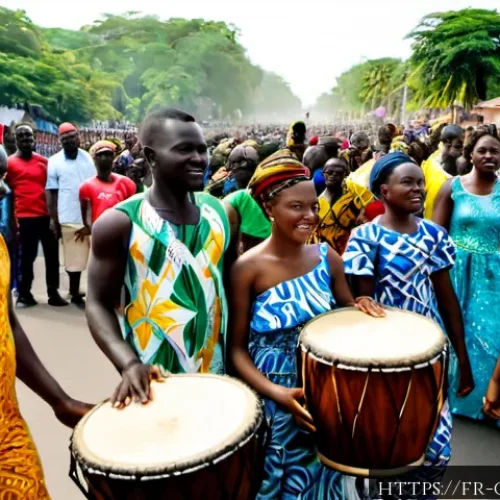 기니비사우에서의 명절과 공휴일 - Photorealistic Independence Day celebration in Bissau, Guinea-Bissau, wide street-level composition ...