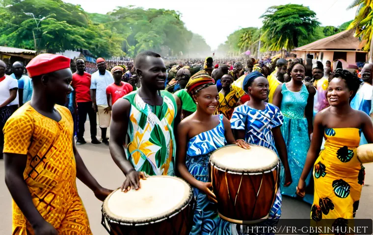 기니비사우에서의 명절과 공휴일 - Photorealistic Independence Day celebration in Bissau, Guinea-Bissau, wide street-level composition ...