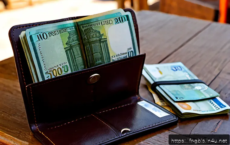 Home 17 기니비사우에서 사용되는 화폐와 환율 - Photorealistic close-up of West African CFA franc banknotes and coins neatly arranged beside a small...