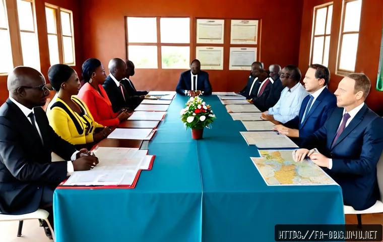 Home 17 기니비사우와 서아프리카 연합의 관계 - Photorealistic diplomatic meeting in Bissau, Guinea-Bissau, West African and Guinean delegates seate...